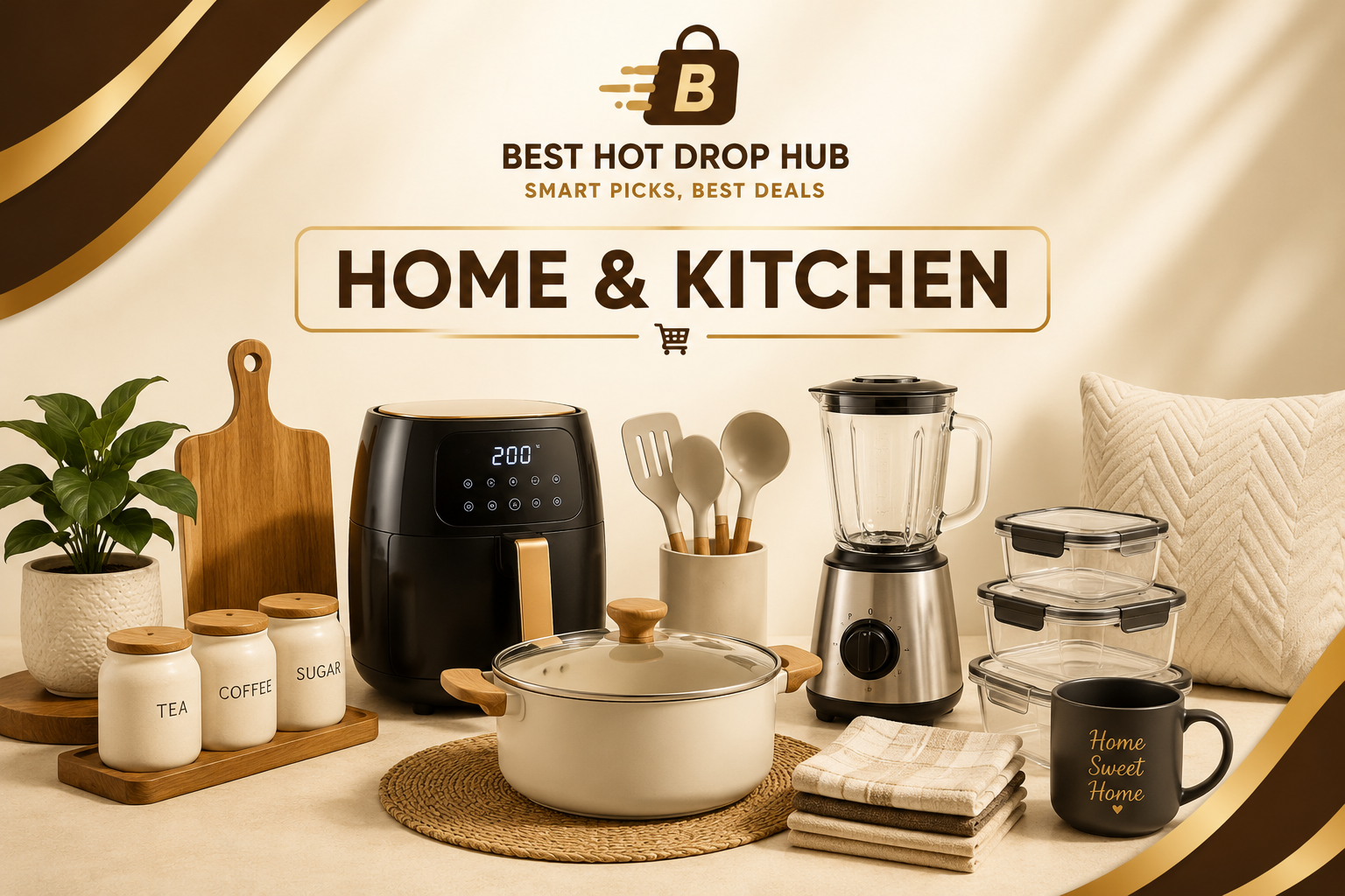 Home and kitchen products including cookware, kitchen tools, drinkware and home essentials