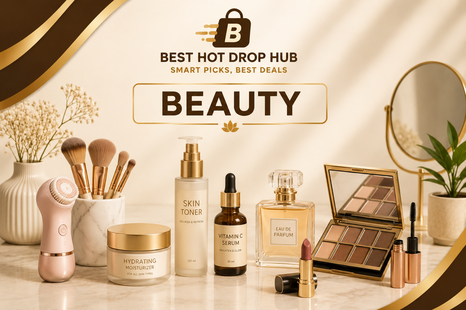 Beauty products including skincare, makeup, haircare and personal care essentials
