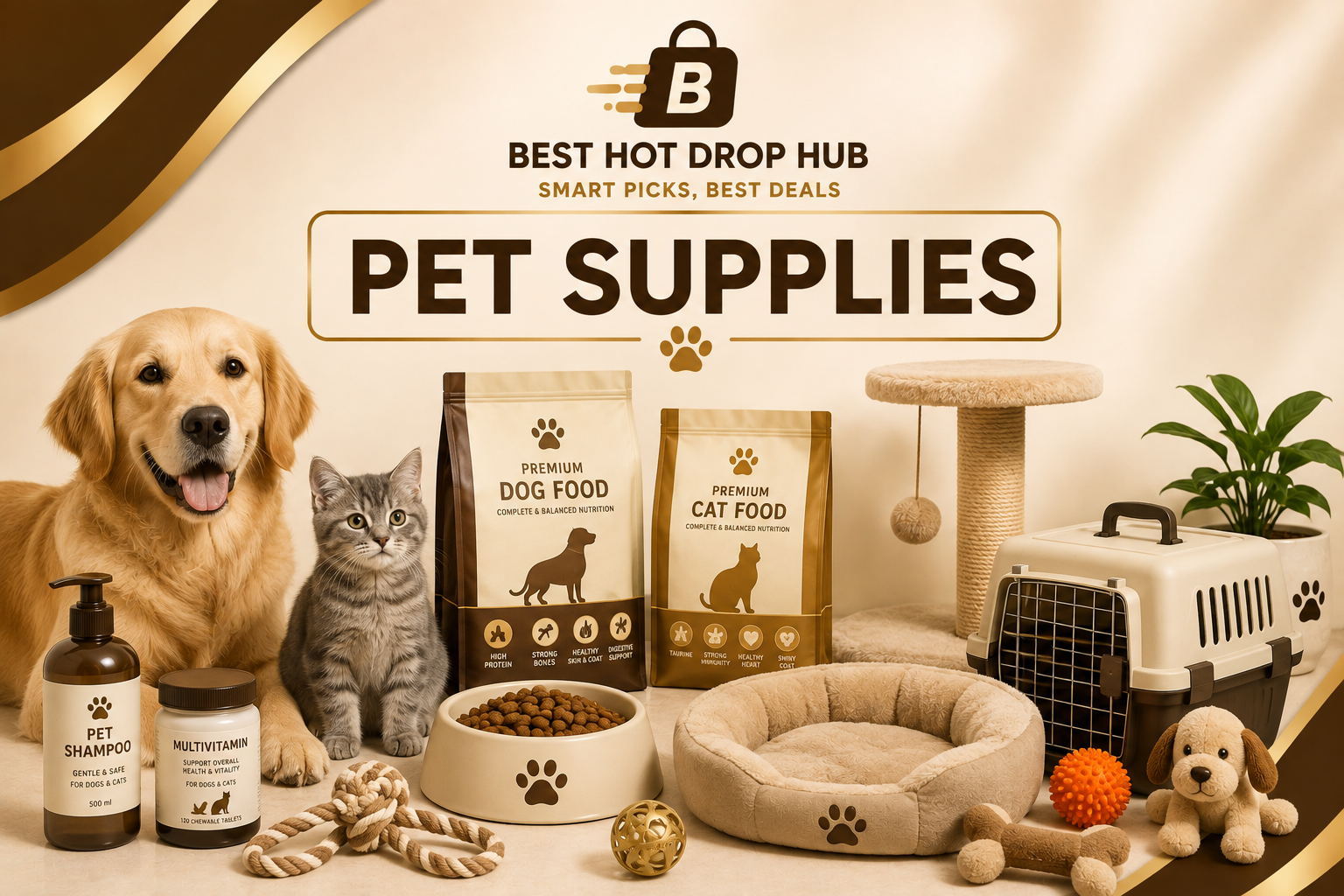 Pet supplies including dog and cat food, toys, beds, grooming products and accessories